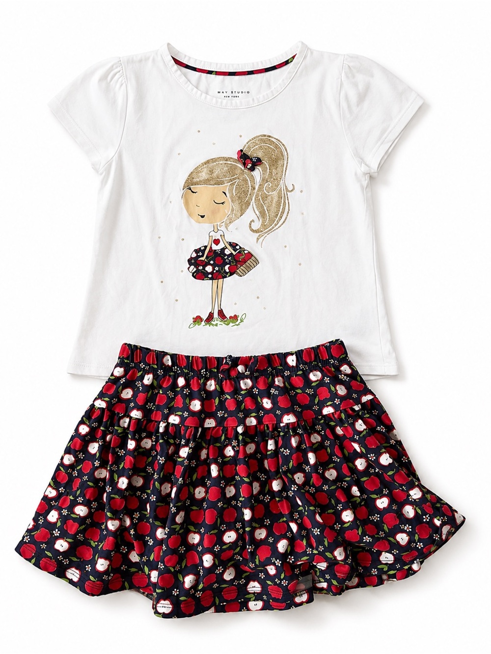 Girls graphic Shirt Matching Apple print Skort Set Fall Outfit Size Medium 7/8